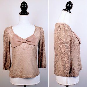 FOREVER 21 Top, Light Tan 100% Polyester Half Sleeve Bow Eyelets Cut Outs Boho S
